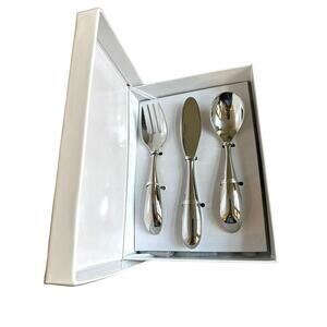 New IN BOX Nambé Baby 3 Piece Feeding Set Gift Stainless Steel Flatware Silver